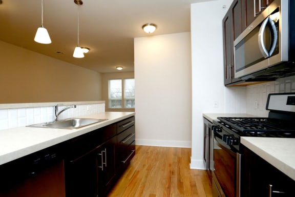 kitchen with hardwood floors, white walls, dark wooden cabinets and stainless steel appliances