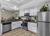 Thumbnail 17 of 28 - Dana Pointe Apartments for Rent - Harbor Pointe - Kitchen with Stainless-Steel Appliances, White Cabinets, and Granite-Style Countertop at Harbor Pointe, Dana Point, California