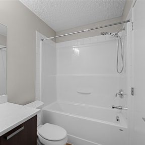 a bathroom with a shower and a sink and a toilet