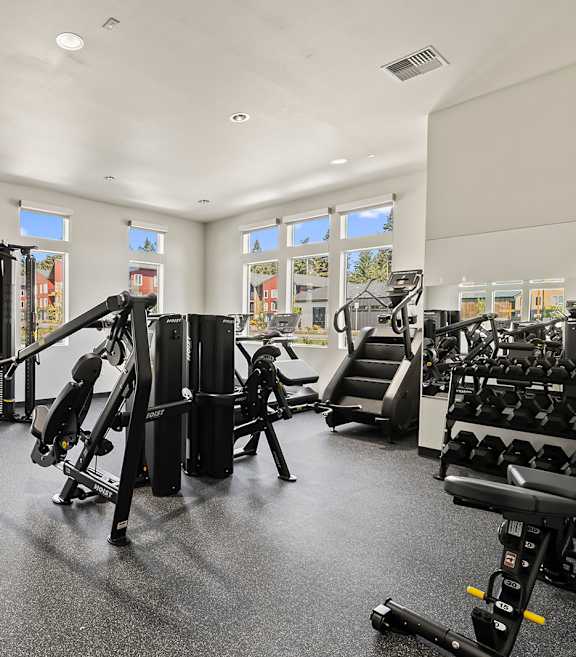A gym with a variety of equipment including weights and a treadmill.