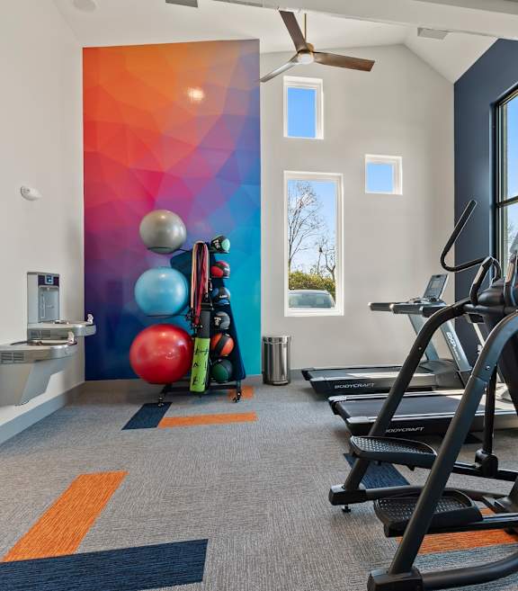 The Canvas apartments fitness center with rainbow abstract wall and cardio equipment