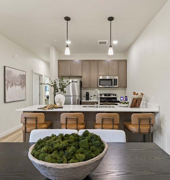 A modern kitchen with a bowl of broccoli on the table.