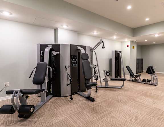 a gym with cardio equipment and weights in a building