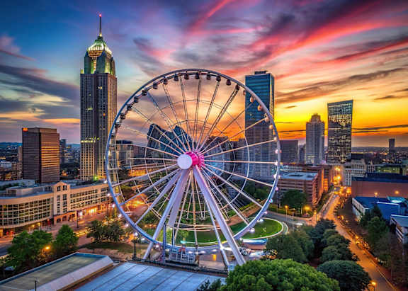A large Ferris wheel is in the foreground of a city skyline at sunset.