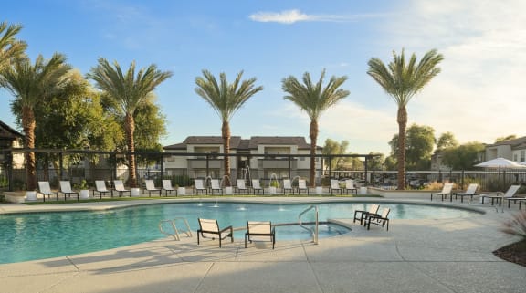 a swimming pool with chairs and palm trees