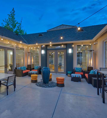 Outdoor Lounge Space Extending from Clubhouse at Pavona Apartments, California, 95112