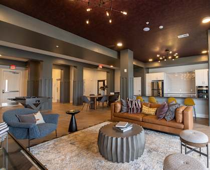 A living room with a brown couch and a grey armchair.