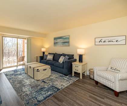 A living room with a sofa, a chair, and a rug. at Liberty Gardens Apartments, Baltimore, Maryland
