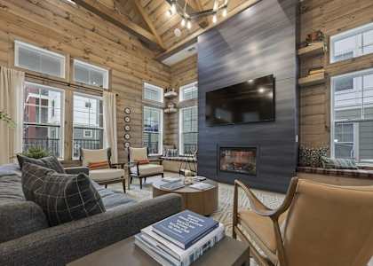 a living room with a couch and a tv and a fireplace