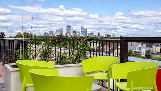 Balcony with view of the city at Track 29 Apartments, Minneapolis, MN, Minnesota