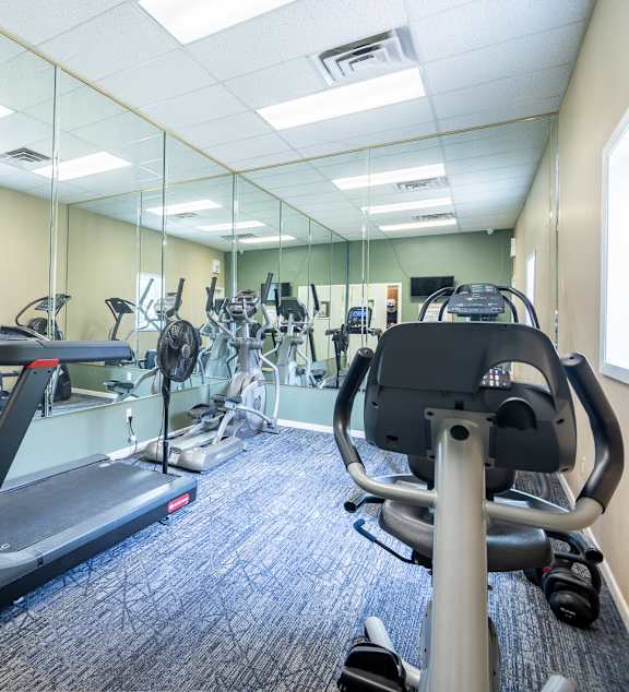 A gym with treadmills, exercise bikes, and other equipment. at Indian Ridge Apartments, Davenport, 52807