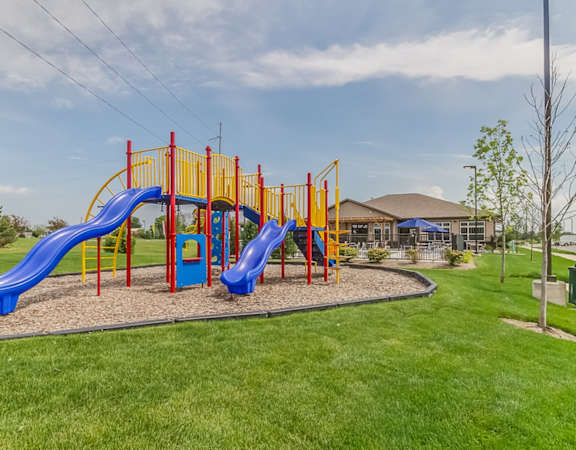 a playground with two slides and a jungle gym in the background