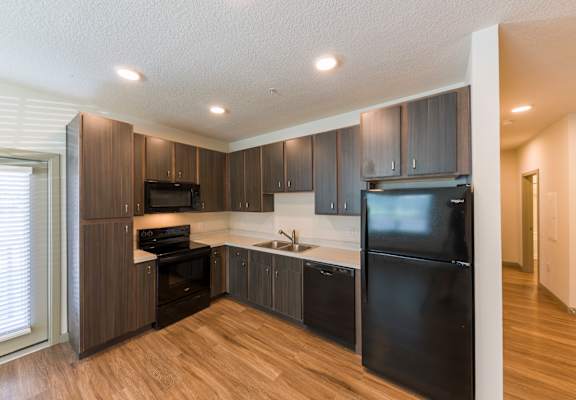 the preserve at ballantyne commons apartment kitchen with black appliances