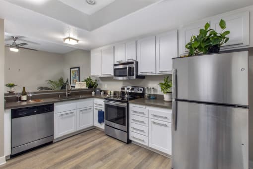 Dana Pointe Apartments for Rent - Harbor Pointe - Kitchen with Stainless-Steel Appliances, White Cabinets, and Granite-Style Countertop