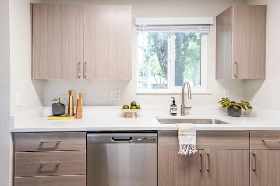 A kitchen with a stainless steel dishwasher and wooden cabinets.