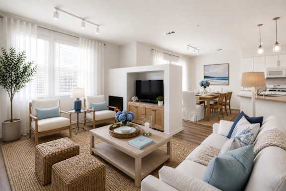 a living room with a gray couch and a glass table