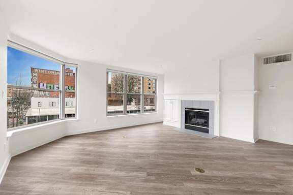 Modern room with fireplace at AVIA on Pike Street, Seattle, WA