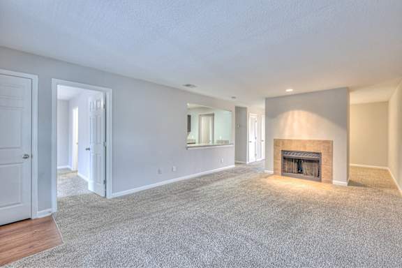 A spacious living room with a fireplace and a carpeted floor at Landmark at Lyncrest Reserve Apartments, Nashville, TN, 37209