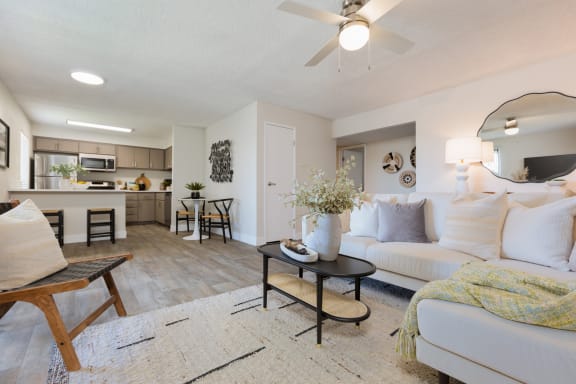 our apartments offer a living room with a couch a coffee table and a kitchen with a breakfast