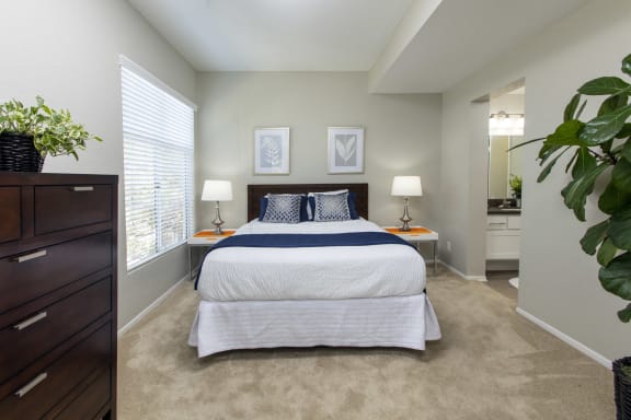 Bedroom with bathroom and window at Harbor Pointe, Dana Point, CA, 92629
