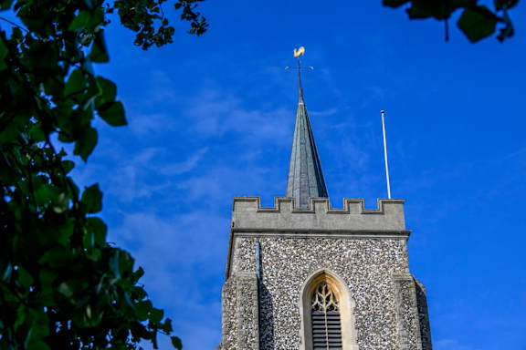 A church steeple with a cross on top is seen through the leaves.