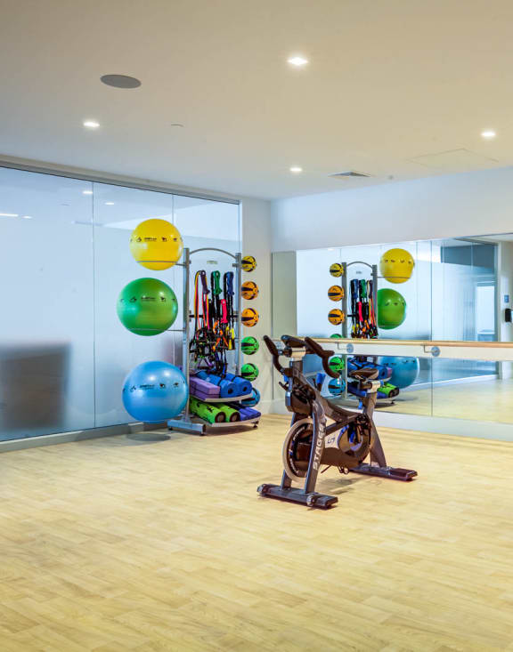 a row of exercise bikes in a gym
