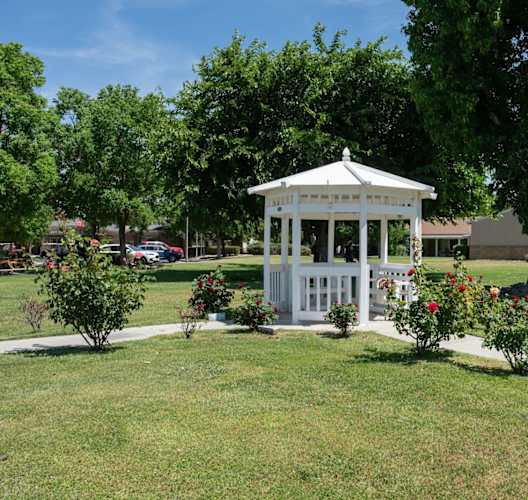 A white gazebo surrounded by greenery and flowers.