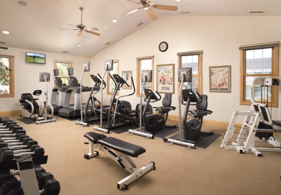 the gym has plenty of exercise equipment including treadmills and weights at Versailles on the Lakes Oakbrook*, Oakbrook Terrace, 60181
