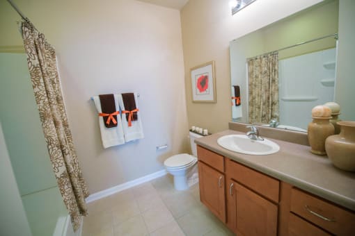 Bathroom, tile flooring, solid surface counter tops, large mirror, toilet, sink,  shower