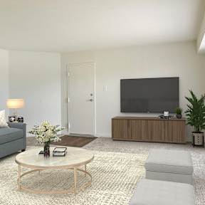 A living room with a grey couch, a coffee table, a flat screen TV, and a plant.