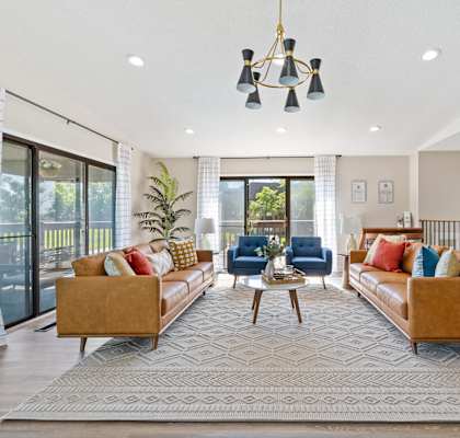 a living room with couches and a rug and a chandelier