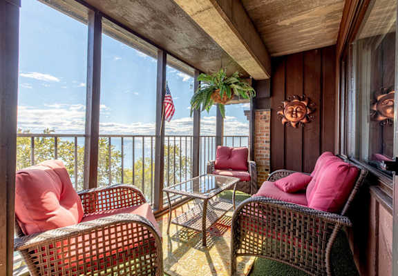 A balcony at les chateaux with views of lake superior in Duluth