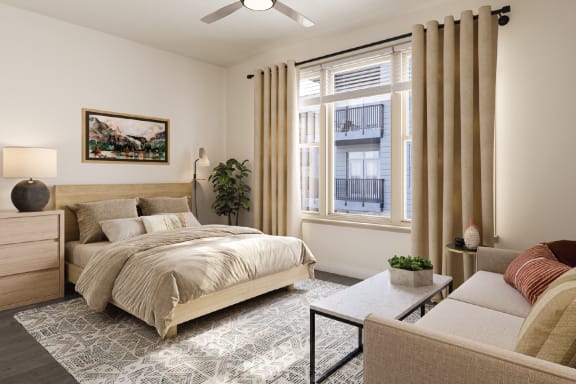 a bedroom with a bed and a ceiling fan