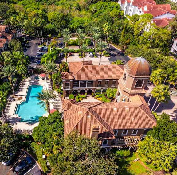 Overhead shot showing courtyard fountain and pool deck layout