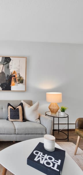 a living room with a gray couch and a white coffee table