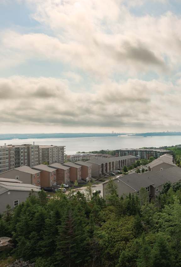 A view of a residential area with trees and buildings.