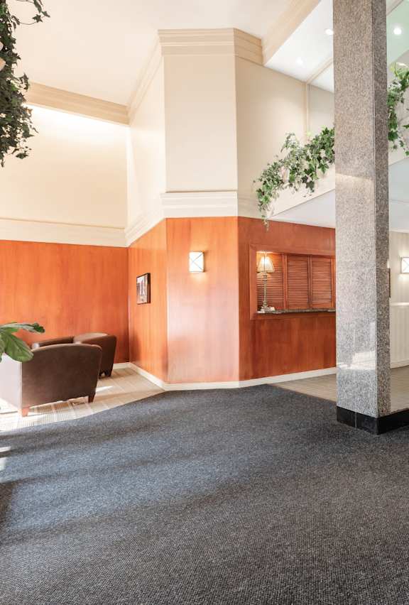 A large open space with a carpeted floor and wooden walls.