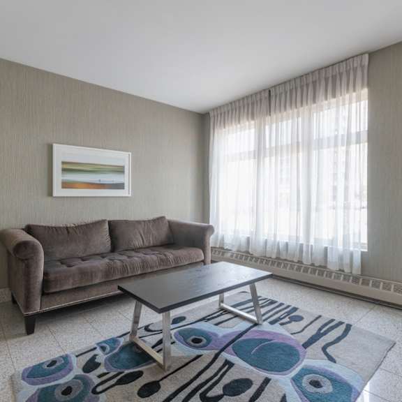 A living room with a brown couch, a coffee table, and a plant.
