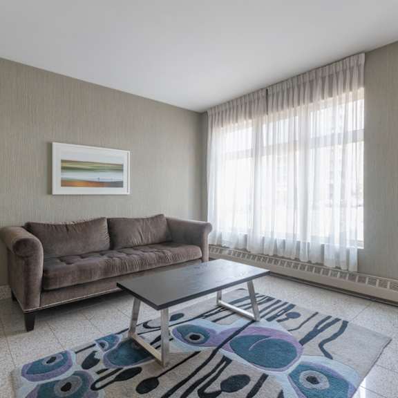 A living room with a brown couch, a coffee table, and a plant.