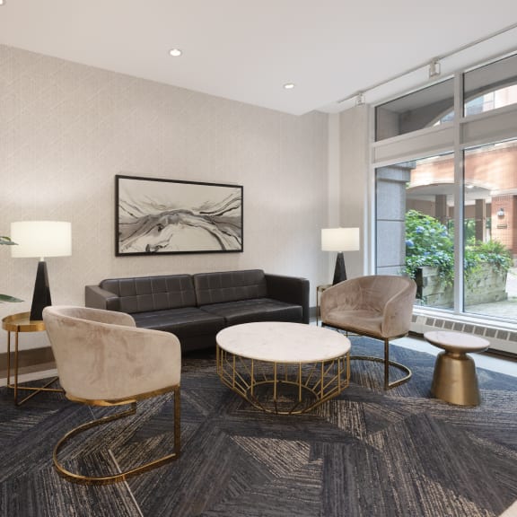 a living room with a couch and chairs and a table