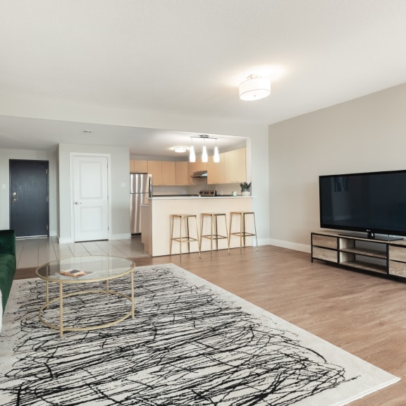 a living room with a green couch and a television