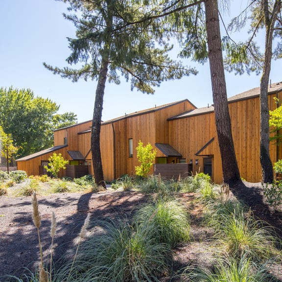 the house is surrounded by trees and plants