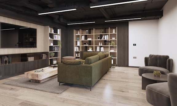 a living room filled with furniture and a large window