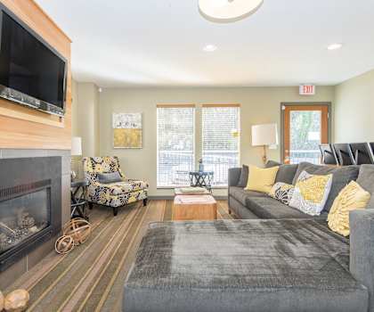 a living room with a couch and a chair and a fireplace