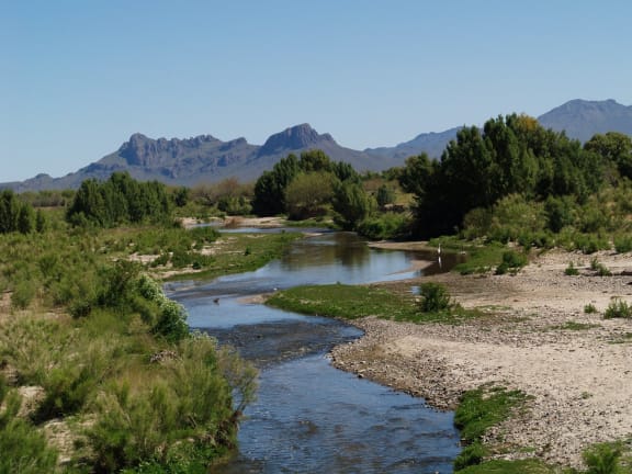 a view of a river with mountains in the background