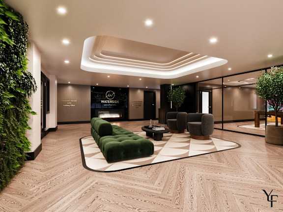 A modern living room with a green plant on the left side and a sofa set in the center.