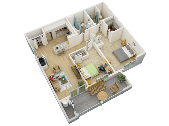 a stylized floor plan of a home with a bedroom and living room