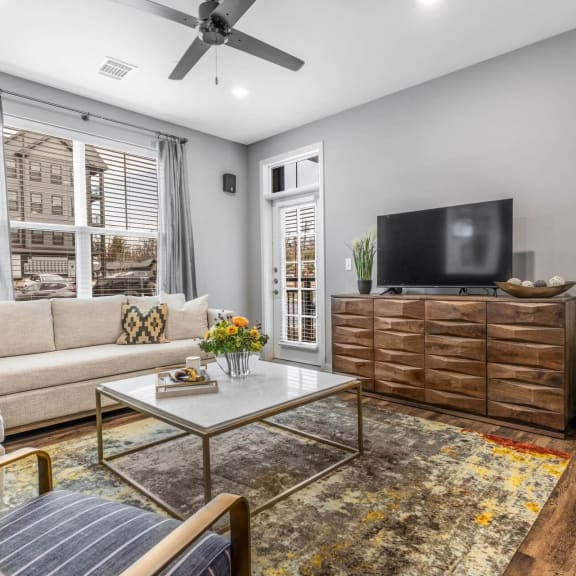 Modern living room at Meeder Flats Apartment Homes, Pennsylvania, 16066