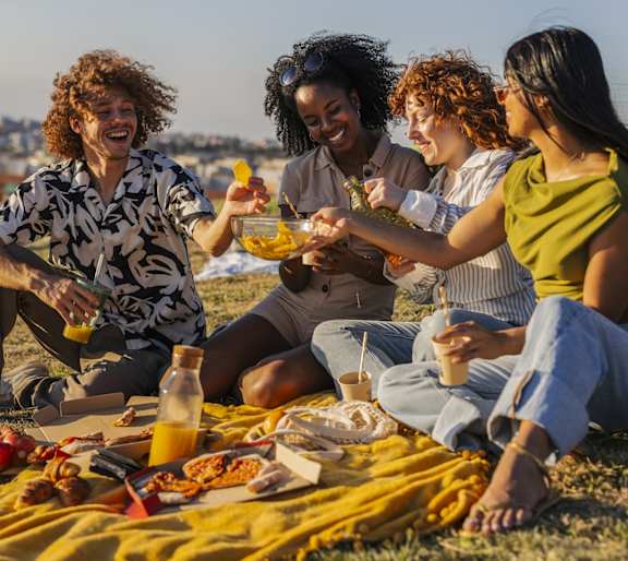 Four people enjoying a picnic on a sunny day.