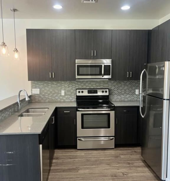 a kitchen with black cabinets and stainless steel appliances